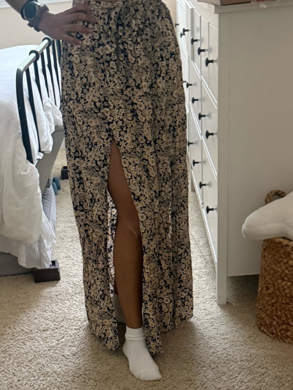 Floral Split Front Maxi Skirt- Black, yellow white flowy airy breezy double slit